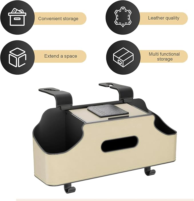 SLIMI 1 PC Car Backseat Organizer, 3 in 1 Multifunctional Double Cup Holder Tissue Box with 2 Hooks, Universal Car Seat Back Organizer, for Most Cars (Beige)