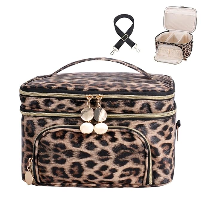 FITINI Double Layer Travel Makeup Bag,Women Cosmetic Organizer Case,Skin Care Essentials Toiletries Bags with Shoulder Strap Waterproof Brush Storage with Removable Dividers,Extra Large Brown Leopard