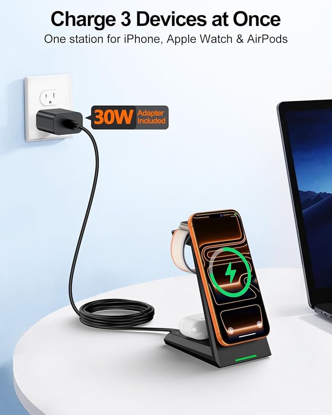 3 in 1 Magnetic Wireless Charging Station - 15W Fast Charging for iPhone 17/16/15/14/13/12, Compatible with MagSafe, for Apple Watch & AirPods, Auto-Dimming Light for Nightstand, Includes 30W Adapter