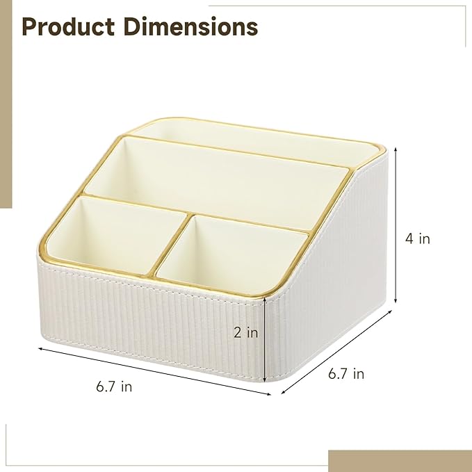 OMISTAR 4 Compartments Remote Control Holder, PU Leather Nightstand Organizer, Tiered Bedside Caddy, Desktop Storage Container for Stationery Office Supplies, Stylish Vanity Tray for Makeup