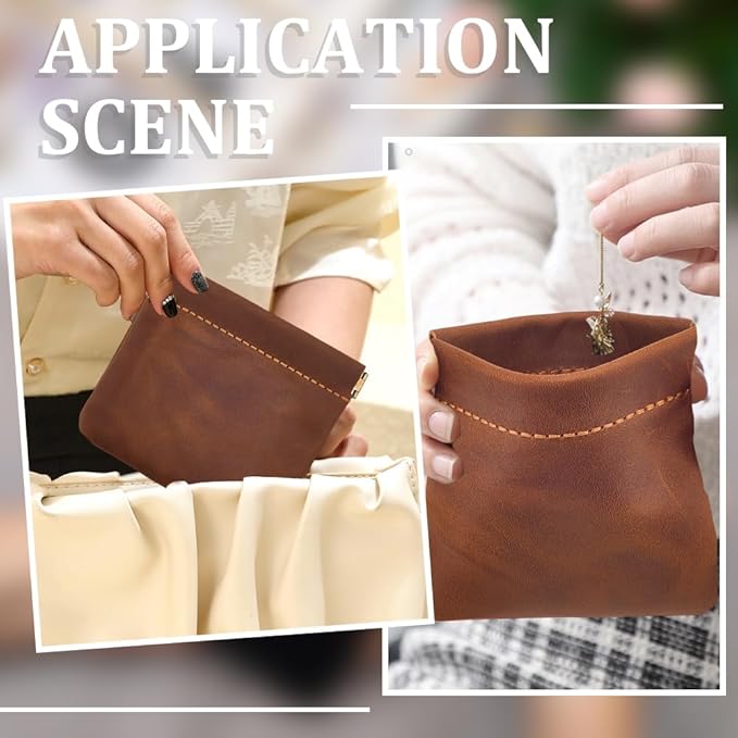 4.72 x 4.02 Inch Genuine Leather Small Makeup Cosmetic Bag for Purse Squeeze Coin Purse Pouch Crazy Horse Leather Self-Closing Pouchic Mini Snap Closure Organizer Pouch for Women Men(Brown)