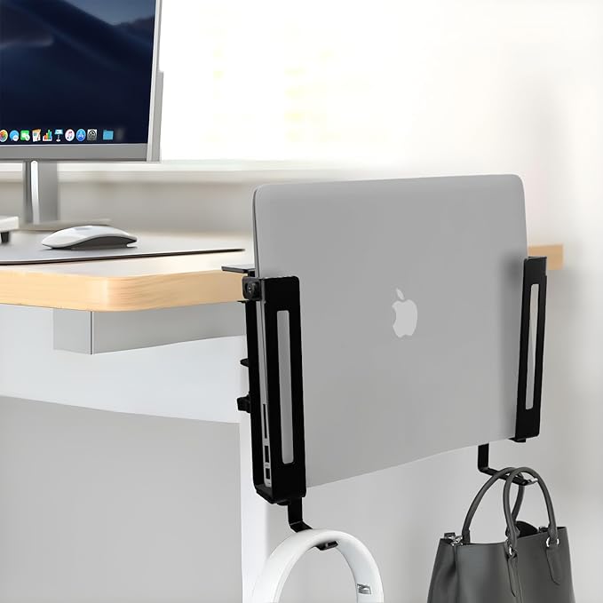 IFCASE Adjustable Desk Side Laptop Mount Holder with Headphone Hook, No Drill Desk Storage Organizer (Black)