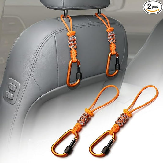Car Seat Back Hooks 2 Pack - Heavy Duty Rope & Metal Buckle Car Hangers, No Wobble Multi-Purpose Organizer for Grocery Bags, Backpacks, Umbrellas, Trash Bags (Fit Most Vehicles) Orange