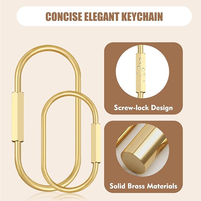 2Pcs Gold Brass Key Rings, Gold Carabiner with 10 O-Rings, Brass Screw Lock Keychain Clip for Keys Purse Bag Charms for Handbags