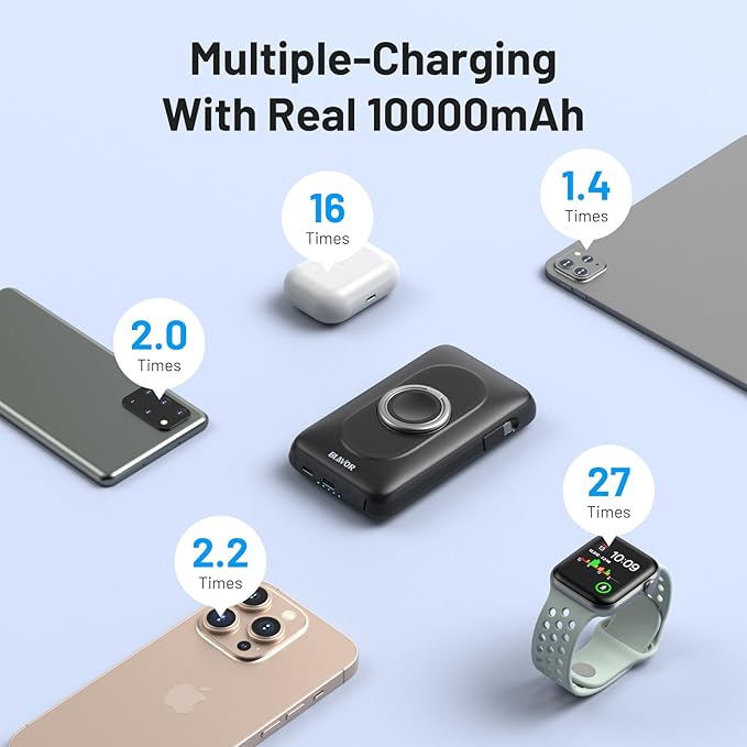 BLAVOR for Magsafe Portable Charger with Built-in Cables, 10000mAh Wireless Magnetic Power Bank with Stand, USB C 20W PD Fast Charging Travel Battery Pack for iPhone 17/16/15/14/13/12 and Apple Watch