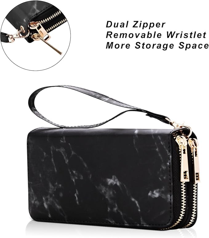 Cellphone Wallet for Women Dual Zipper Long Purse with Removable Wristlet