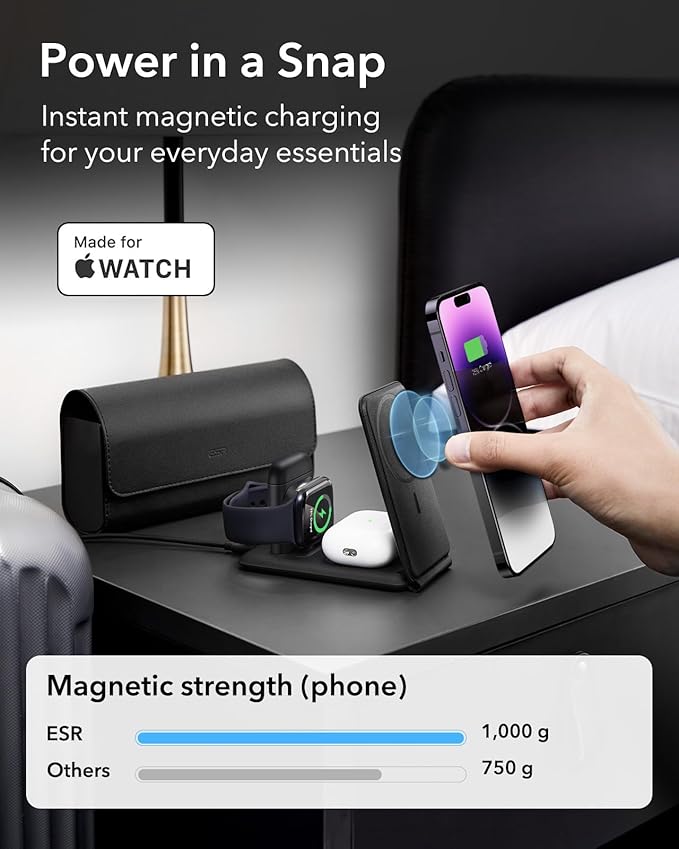ESR for 3 in 1 Magsafe Charger, Travel Charger Stand Made for Apple Watch Certified, Foldable Charging Station Compatible with Magsafe and iPhone 16/15/14/13/12, AirPods 4/3/Pro, Black