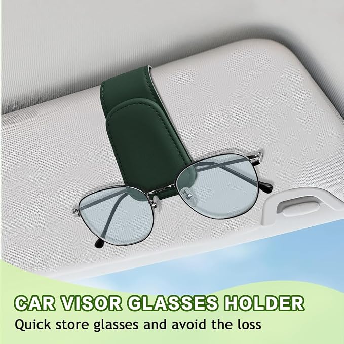 Sunglass Holder for Car, Sunglasses Clip for Car Visor, Magnetic Leather Vehicle Eyeglass Hanger Clip, Auto Ticket Card Glasses Organizer Clamp Accessories for SUV Sedan (Dark Green)