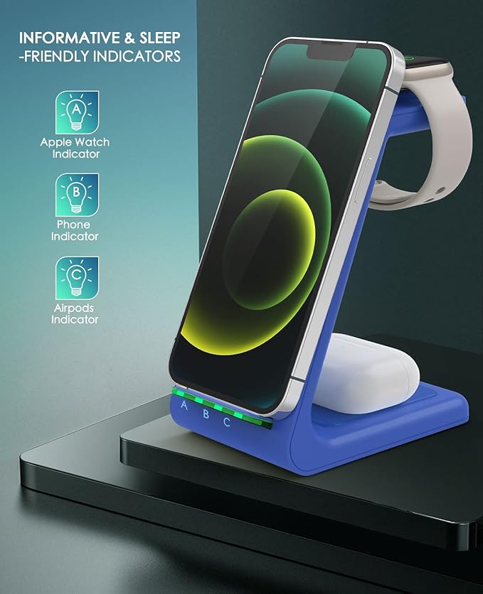 3 in 1 Wireless Charging Station, 2026 Upgraded Fast Desk Charger Station for iPhone 17 16 15 14 13 12 Pro Max Plus, Charger Stand for Apple Watch 10 9 8 7 6 5 4 3 2 SE, Airpods 4 3 2 Pro(Blue)