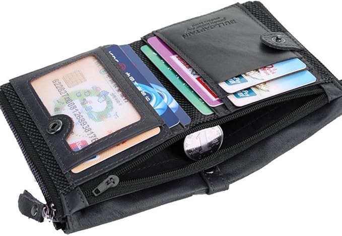 BULLCAPTAIN Genuine Leather Wallet for Men Vintage Bifold with Double Zipper Pockets (Black)