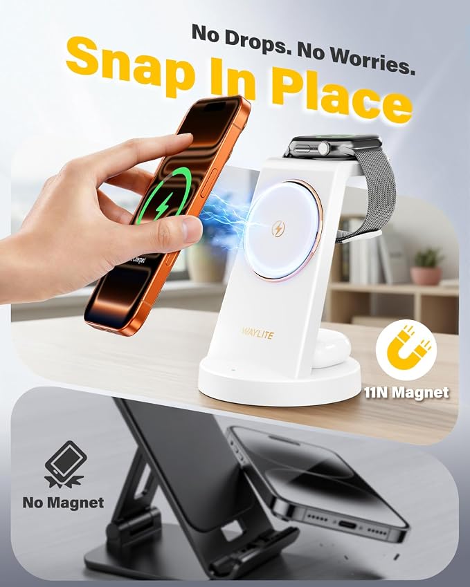 3 in 1 Fast Charging Station for iPhone, 25W Wireless Magnetic Phone Charger for iPhone 17 16e 16 15 14 13 12 Serise, Watch Charger Stand, Wireless Charging Station for AirPods 4 3 Pro, White