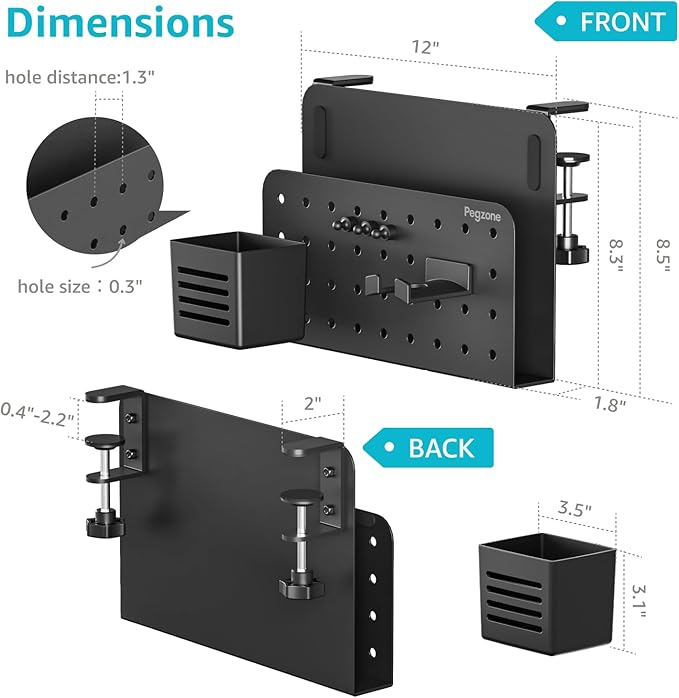Desk Side Storage Organizer, No Drill Under Desk Laptop Holder, Clamp on Desks Shelf with Pegboard Accessories, Hanging Laptop Mount, Fits Flat Edge 0.4" to 2.2", Black