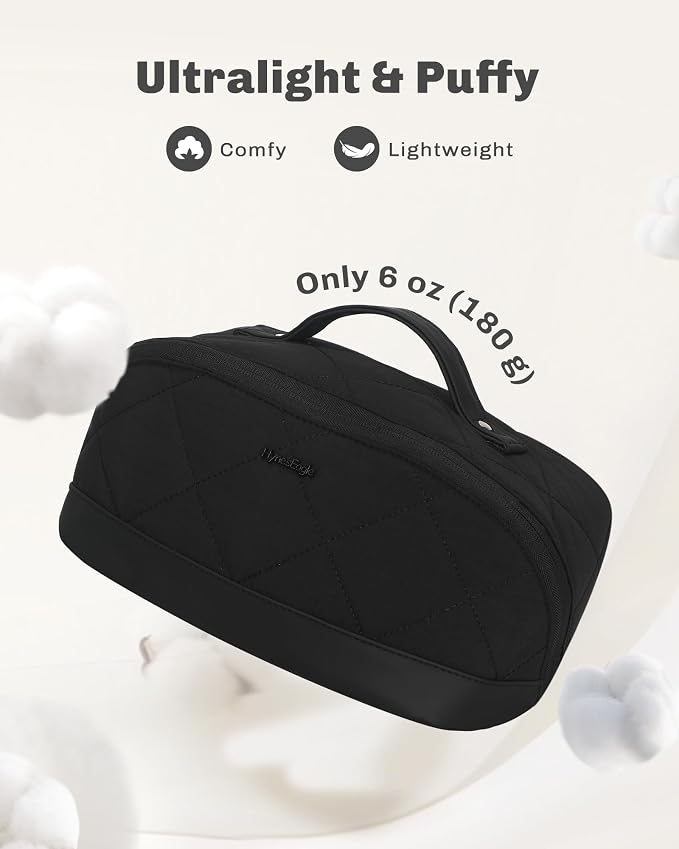 Hynes Eagle Travel Makeup Bag for Women Puffy Cosmetic Organizer Pouch Open Flat Toiletry Bag for Toiletries Brushes Structured Base Jet Black