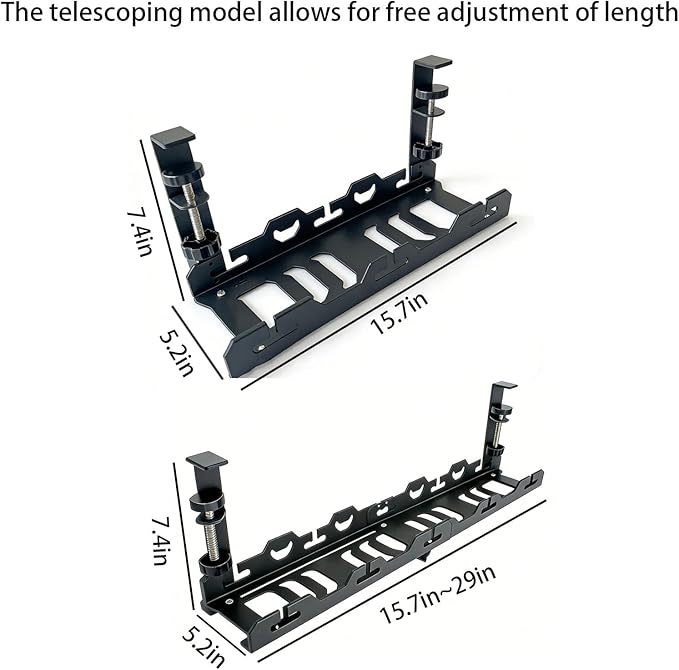 No Drill Under Desk Cable Management Tray System-Extendable15 to 30 "Heavy-Duty Metal Desk Cable Organizer with Clamp Cord Management Holder for Standing Desk & Home Office Black