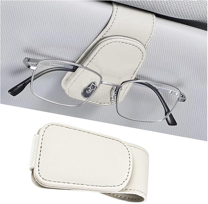 Sunglasses Holder for Car Visor, Microfiber Leather Magnetic Sun Visor Eyeglasses Hanger & Ticket Card Clip, Multi-Function Automotive Interior Glasses Mount, Universal Fit (Light Beige)