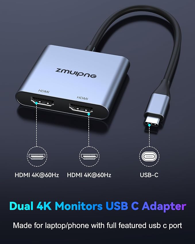 USB C to Dual HDMI Adapter 4K Dual Monitors Adapter USB C Hub with 2 HDMI Docking Station for Laptop Type C to HDMI Converter for HP Dell Surface Thinkpad