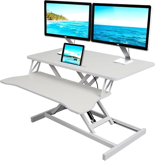 Standing Desk Converter, Height Adjustable Sit to Stand Riser, Dual Monitor and Laptop Workstation with Wide Keyboard Tray, Desk Lifter for Home Office