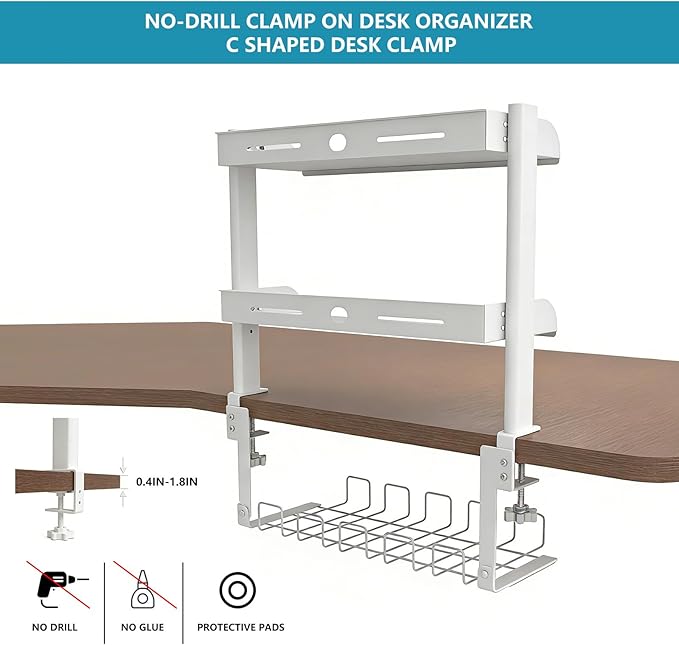 Clamp on Desk Shelf,3 Tier Desktop Organizer,Adjustable Clamp on Desk Top Organizer with Under Desk Hidden Storage Basket&Hooks,No Drilling Desk Clamp Storage Shelves for Working Gaming Accessories