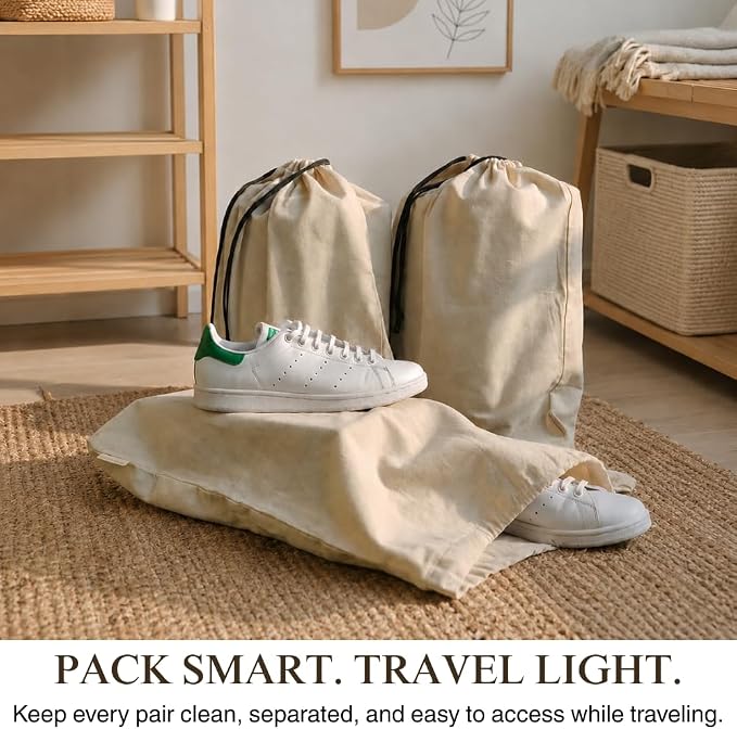 3 Pack Shoe Bags for Travel, Drawstring Portable Shoe Bags for Storage, Travel Essential Cotton Footwear Laundry Bag For Men & Women, Dustproof Reusable Organizer Bags for Sneakers: 26"x20"