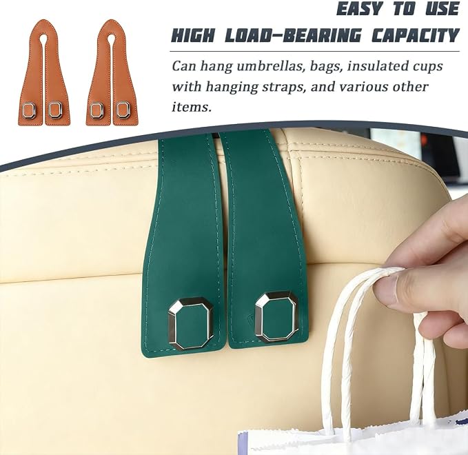 2PCS Car Headrest Hooks, Nappa Leather Metal Vehicle Double Seat Back Storage Hook for Purse Bag Coat, Multifunctional Automotive Interior Hanging Hanger, Universal Fit (Orange)