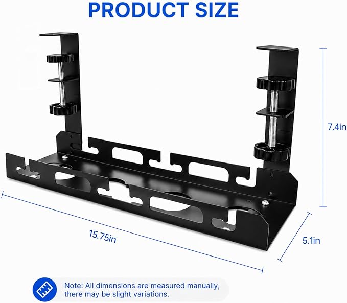 Under Desk Cable Management Tray, 15.75" No Drill Clamp-On Metal Cable Tray for Power Strip, Compact Under Desk Cord Organizer and Wire Management Holder for Office, Gaming Desk, Standing Desk
