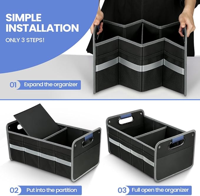 winhunt Car Trunk Organizer for SUV, Car Storage Organizer Reinforced Handles, Collapsible Multi-Compartment Foldable and Waterproof Car Organizer for Car Suv, Sedan, Truck, Minivan
