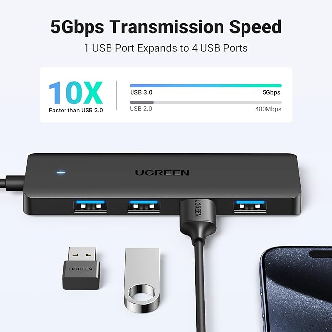 UGREEN USB 3.0 Hub, 4 Ports USB A Splitter Ultra-Slim USB Expander for Mouse, Keyboard, Flash Drive, U Disk, Printer Compatible with Laptop, Desktop PC, Xbox, PS5, and More, 2ft