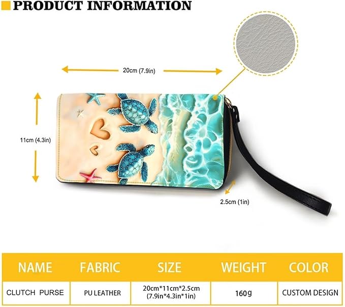 Bulopur Beach Sea Turtle Wallets with Wristlet for Women Envelope Long Wallets Zip Around Small Handbags PU Leather Travel Wallet Passport Holder for Ladies