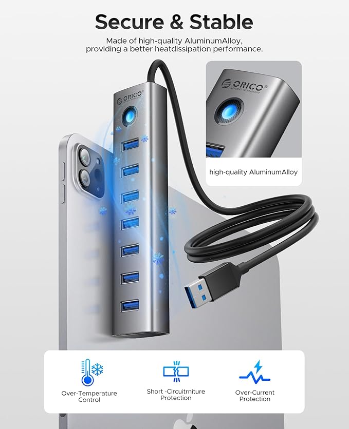 ORICO 7-Port USB 3.0 Hub, Aluminum USB Multiple Adapter, 5Gbps USB Extender USB Splitter with 3.28Ft Cable, UBS-A Hub Long Cable for Desktop, PC, Flash Drive, Mobile HDD, Windows/XPS