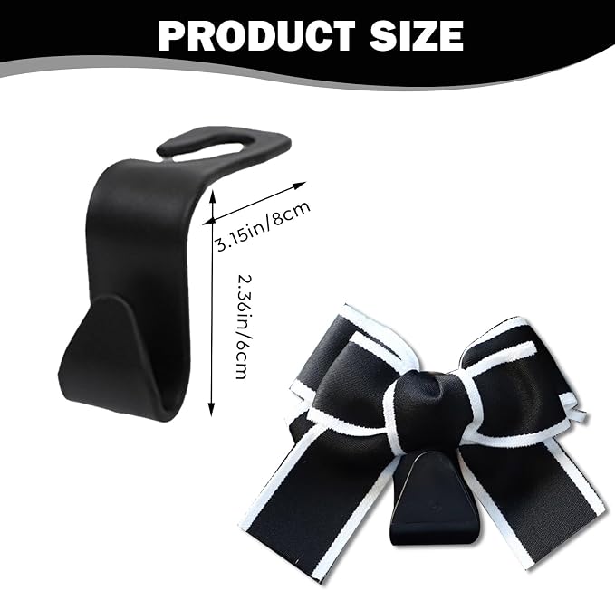 2PCS Car Seat Headrest Hooks, Cute Bow Vehicle Rear Seat Bracket Hook for Purses and Bags, Automotive Purse Hook Hanger, Universal for SUV, Sedan, Truck (Black+White)