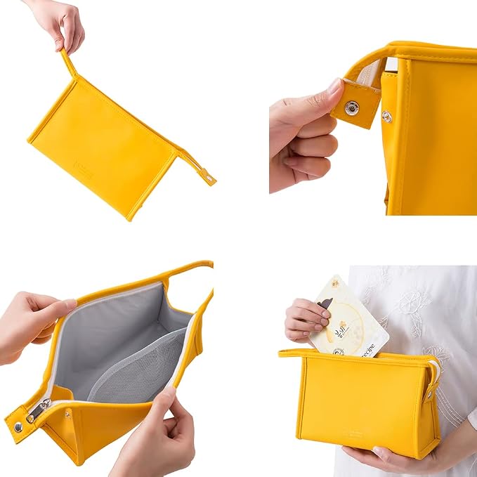 FITINI 3 Pieces Makeup Bag for Women Travel Toiletry Bag Portable Cosmetic Pouch Organizer with Girls Small Brush Holders Zipper Waterproof Storage Case,Yellow