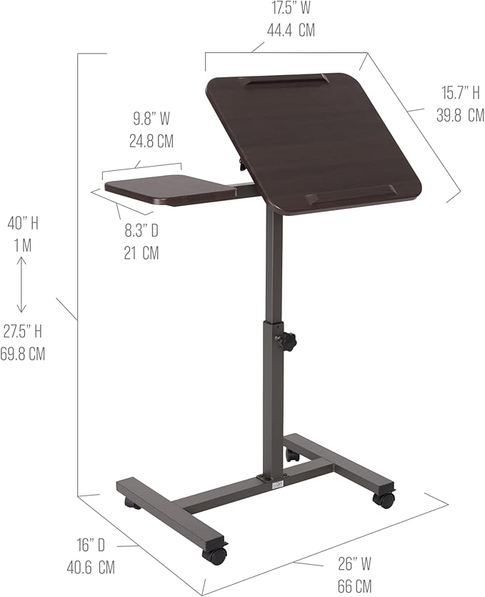 Seville Classics Airlift Height Adjustable Mobile Rolling Laptop Cart Computer Workstation Desk, Table for Home, Office, Classroom, Hospital, w/Wheels, Walnut, Tilt w/Side Table (28") (New Model)