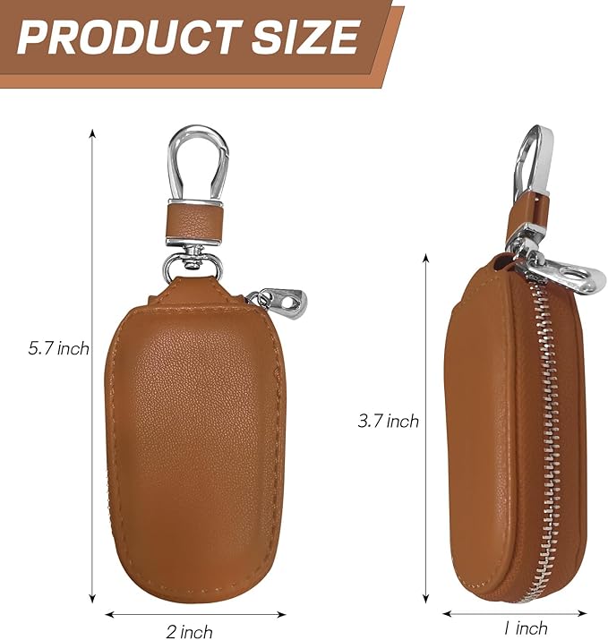 Car Key Case - Genuine Leather Auto Fob Protector, Universal Cover With Metal Hook, Smart Keychain Holder for Remote, Vehicle Keyring Zipper Bag (Brown)