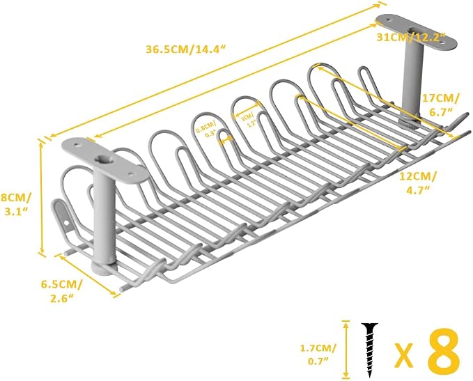 2 Packs Cable Management Tray, 14 inch Under Desk Cable Holder for Wire Organization, Heavy Metal Cord Organizer Ideal for Computer Home Office Standing Desks to Hide Power Strips (Gray)