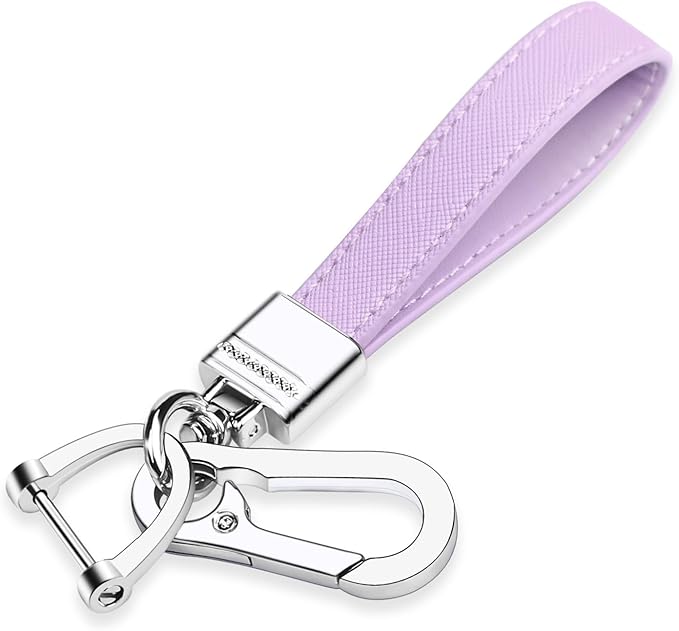 QBUC Genuine Leather Car Keychain,Universal Heavy Duty Metal Key Chain Accessories,Car Fob Key Keychain Holder with 360 Degree Rotatable Snap Swivel and Anti-Lost D-Ring for Men Women(Lavender Purple)