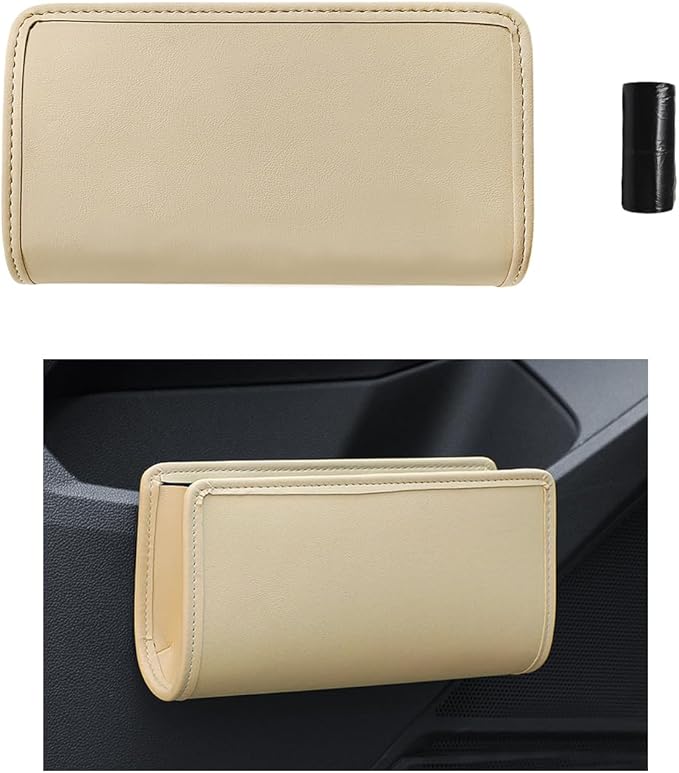 DXNQ Car Trash Can, Leather Foldable Hanging Trash Bag, Multi-Function Mini Storage Box Garbage Can for Car Back Seats and Side Door, Beige