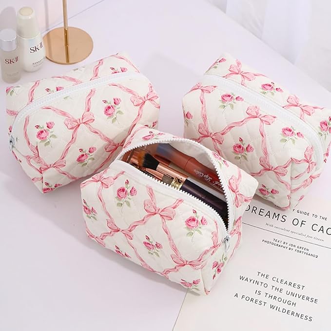 FITINI Makeup Bag Travel Large Portable Quilted Floral Print Cosmetic Organizer Cute Pouch for Women Soft Cotton Zipper Waterproof Toiletry Storage Bags