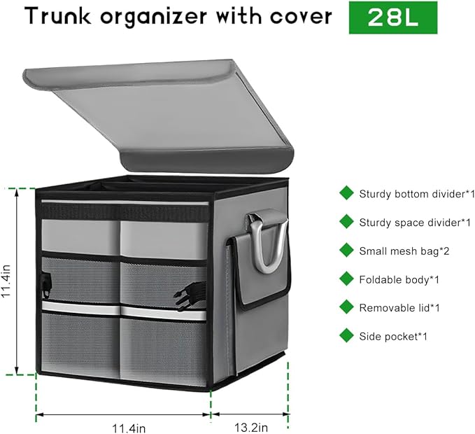 Trunk Organizer with Lid, 28L Collapsible 2-Compartment Car Storage Box with Reinforced Handles, Multipurpose Waterproof Oxford Storage Organizer for SUVs Sedans Trucks (Gray)