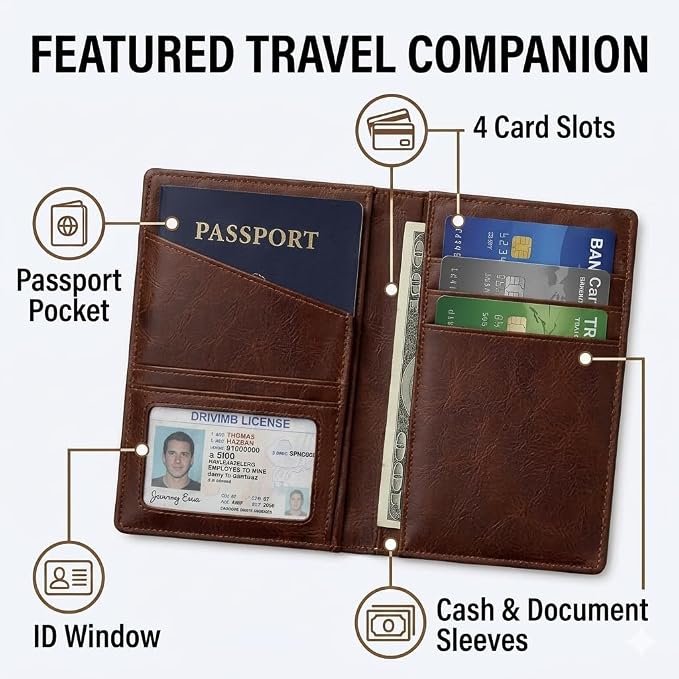 Genuine Leather Passport Holder Travel Wallet for Men & Women - Slim Passport Case with Card Slots & Cash Pocket - Travel Document Organizer