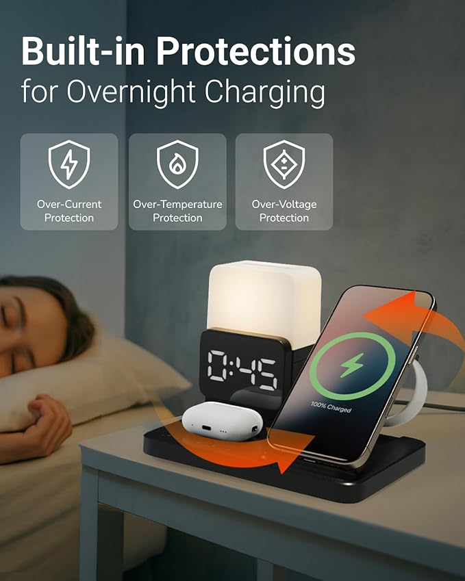 M.A.D LAB Bedside Apple Charging Station & Alarm Clock with Night Lamp ??Wireless Charger Designed for AirPods, AirPods Pro 2 & Apple Watch and Qi-Compatible for iPhone and Android Phone Charger