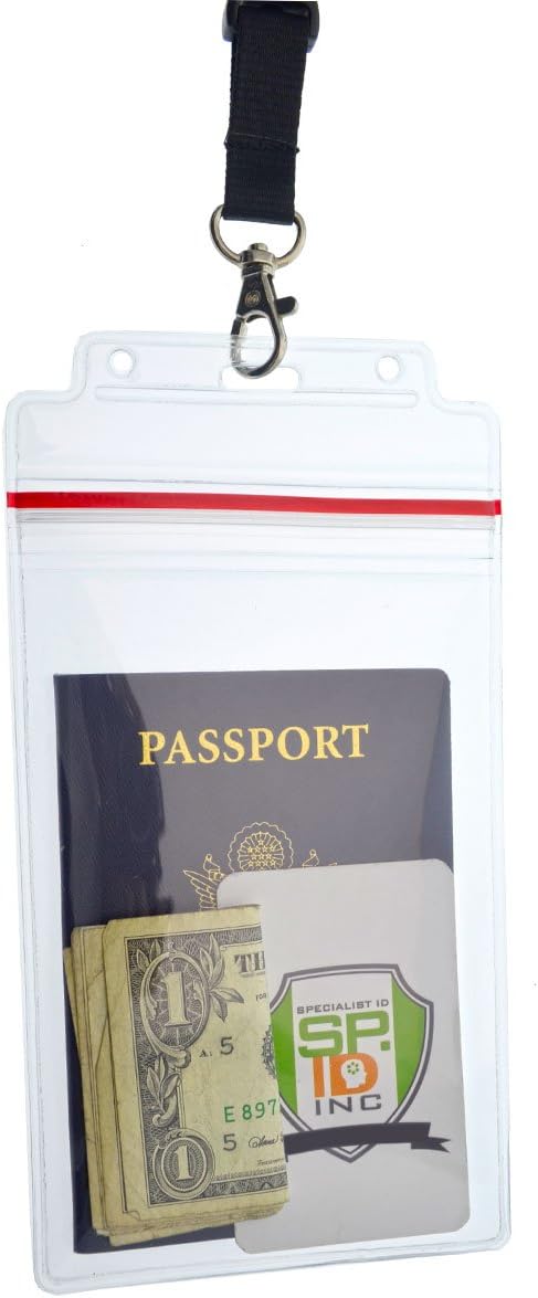 5 Pack - Passport & Vaccination Card Holder - Heavy Duty Waterproof Tear Resistant Sleeve with Zip Top & Premium Breakaway Lanyard - 4X6 Insert for Cruise, Travel, & Beach Vacation Documents (Black)
