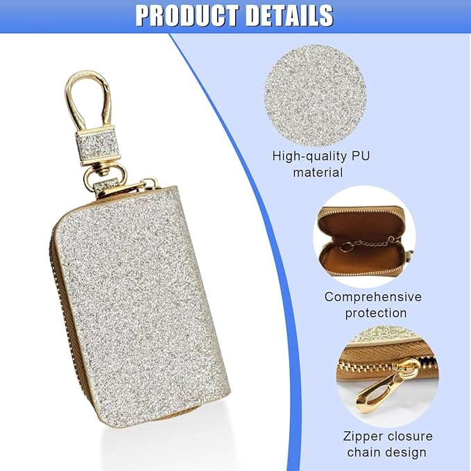 Bling Car Key Case, Leather Keyring Zipper Bag with Metal Hook, Remote Key Fob Cover, Auto Keychain Holder (Silver Gold)