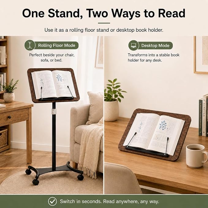 2-in-1 Rolling Book Stand, Floor & Desktop Book Holder for Heavy Books | Hands-free read | Lockable wheels | Cozy movable study setup | Up to 57 in | One stand, two ways to use | 360° Rotating Panel