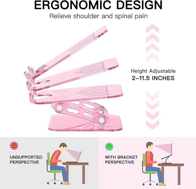 Pink Acrylic Adjustable Laptop Stand,Adjustable Height Foldable Laptop Riser for Desk, Clear Portable Laptop Holder Ergonomic Computer Stand,Compatible with 10-17.3??Laptops (Pink)