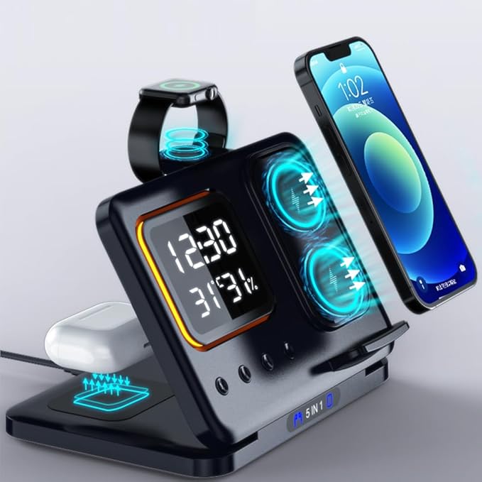 IHAO 5in1 Multi Functional Wireless Charging Station Digital Clock 15W Fast Charging Temperature Display Wireless Charger for All Qi Phone and TWS Headphone Compliant with Apple Watch-DH15 Black