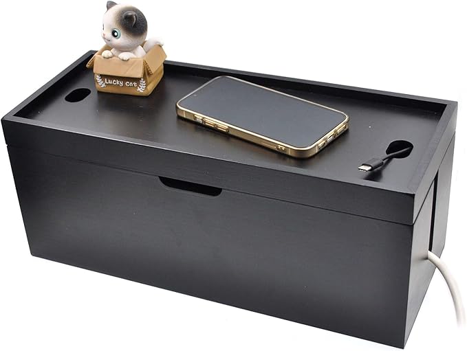 15 inch Bamboo Large Cable Management Box, Cable Box Organizer Cord Box Hider - Power Strip Box Hider Cable Storage Box for Office, TV Wires, Desk Cord Organizer, No Assembley Required, Bamboo (Black)