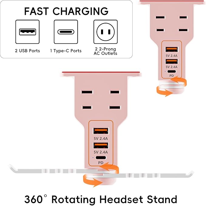 Gaming Headphone Stand with Charging Station - Aluminum Hooks Headphone Holder, Under Desk Headset Stand, 3 USB & AC Outlet, Surge Protector & Cable Organizer, Gift for Girl/Men