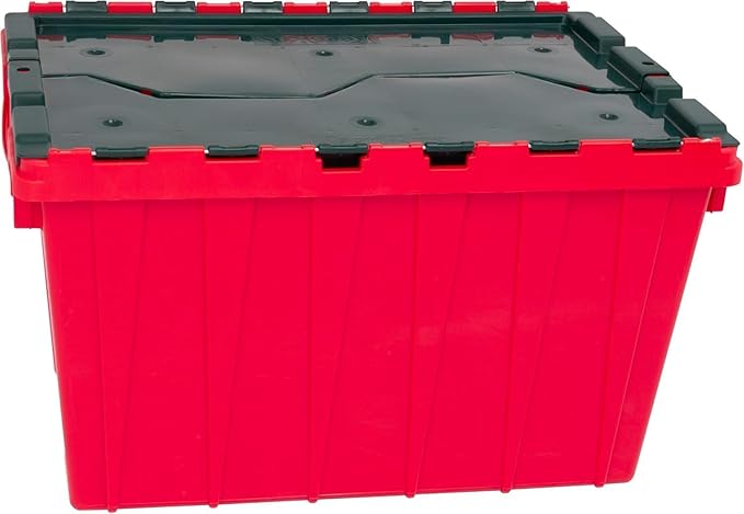 Akro-Mils KeepBox 12 Gallon Storage Container, Nesting and Stackable Plastic Storage Box with Lid Attached, Organizer Tote for Garages, Closets, and Moving, 21-1/2" x 15" x 12-1/2", Red/Green, 6-Pack