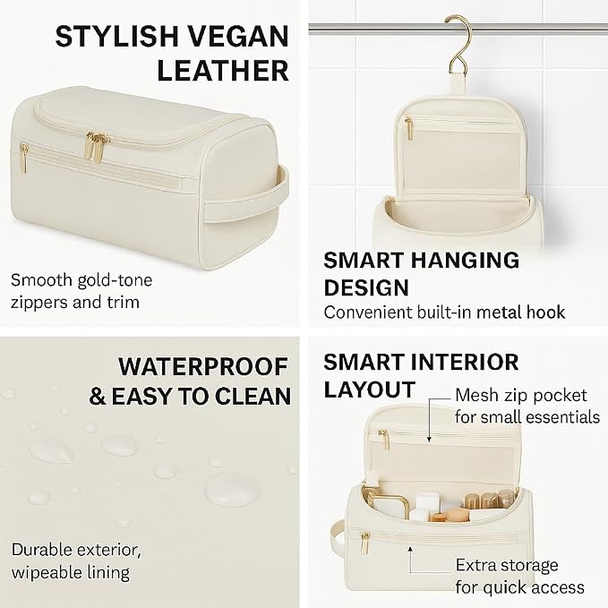 Travel Toiletry Bag – Soft Vegan Leather, Waterproof Hanging Design with Hook, – Cream White with Gold Accents, Full Size