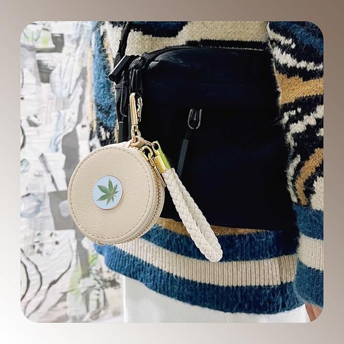 Coin Purse Keychain Bag, Mini Coin Purse with Braided Wrist Strap, PU Leather Makeup Bag, Small Change Pouch Wallet Coin Purse for Women, Mini Classic Wallet (White Leaf)